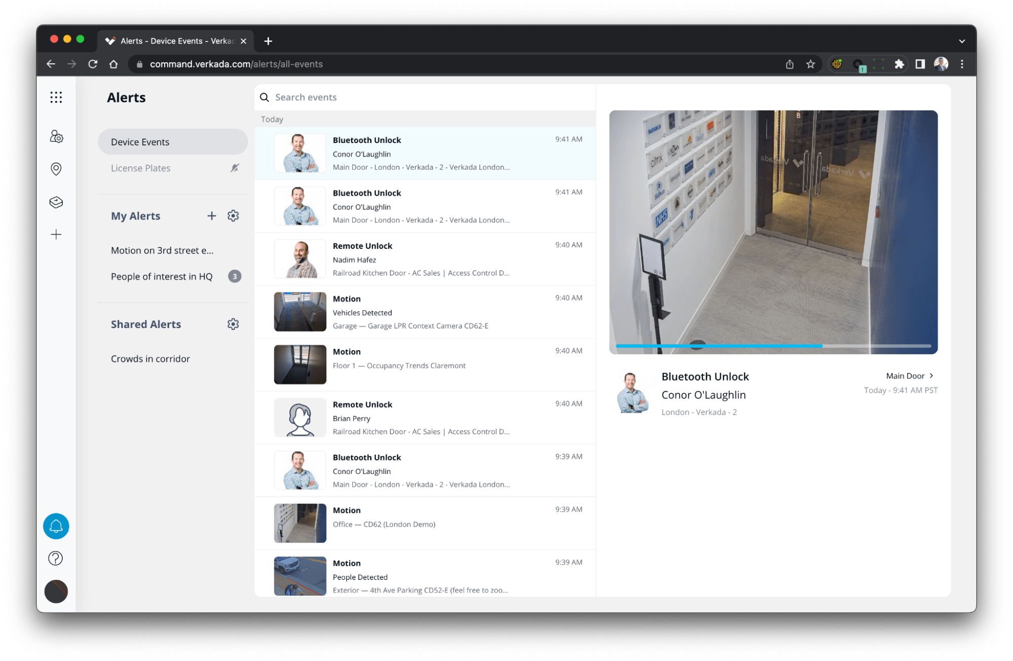 Link to Announcing Alert page for camera alerts in Verkada Command 